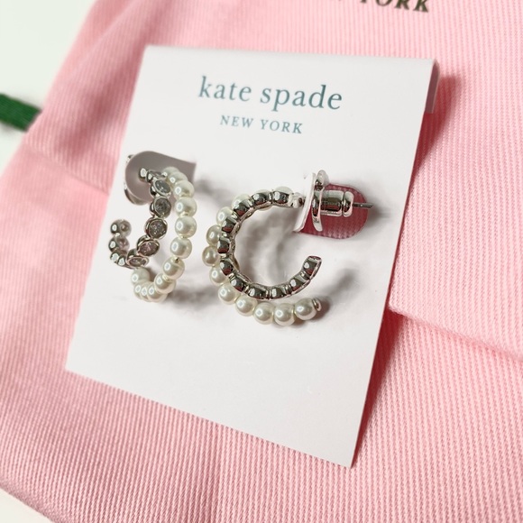 COPY - NWT Kate Spade Double Silver Hoop Rhinestone and Pearl Earrings - Picture 3 of 5